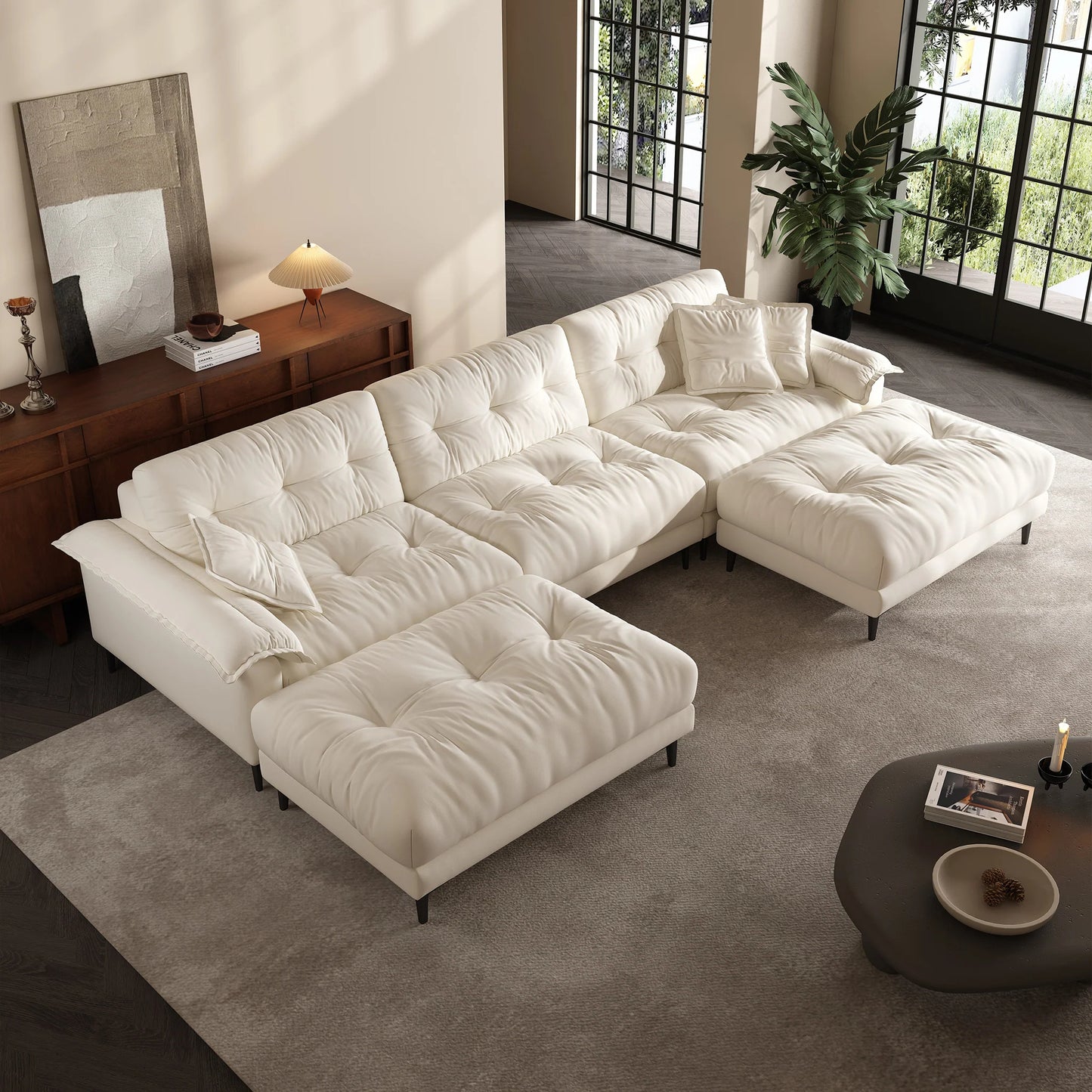 Modern apartment high quality wooden frame soft feather 5 seater sofa with ottoman
