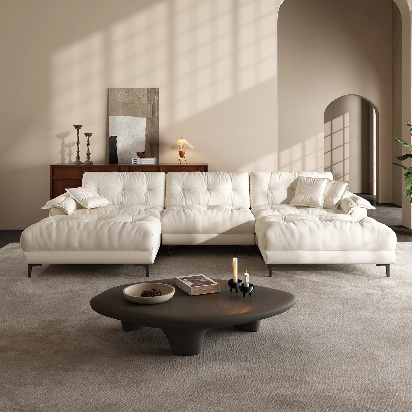 Modern apartment high quality wooden frame soft feather 5 seater sofa with ottoman