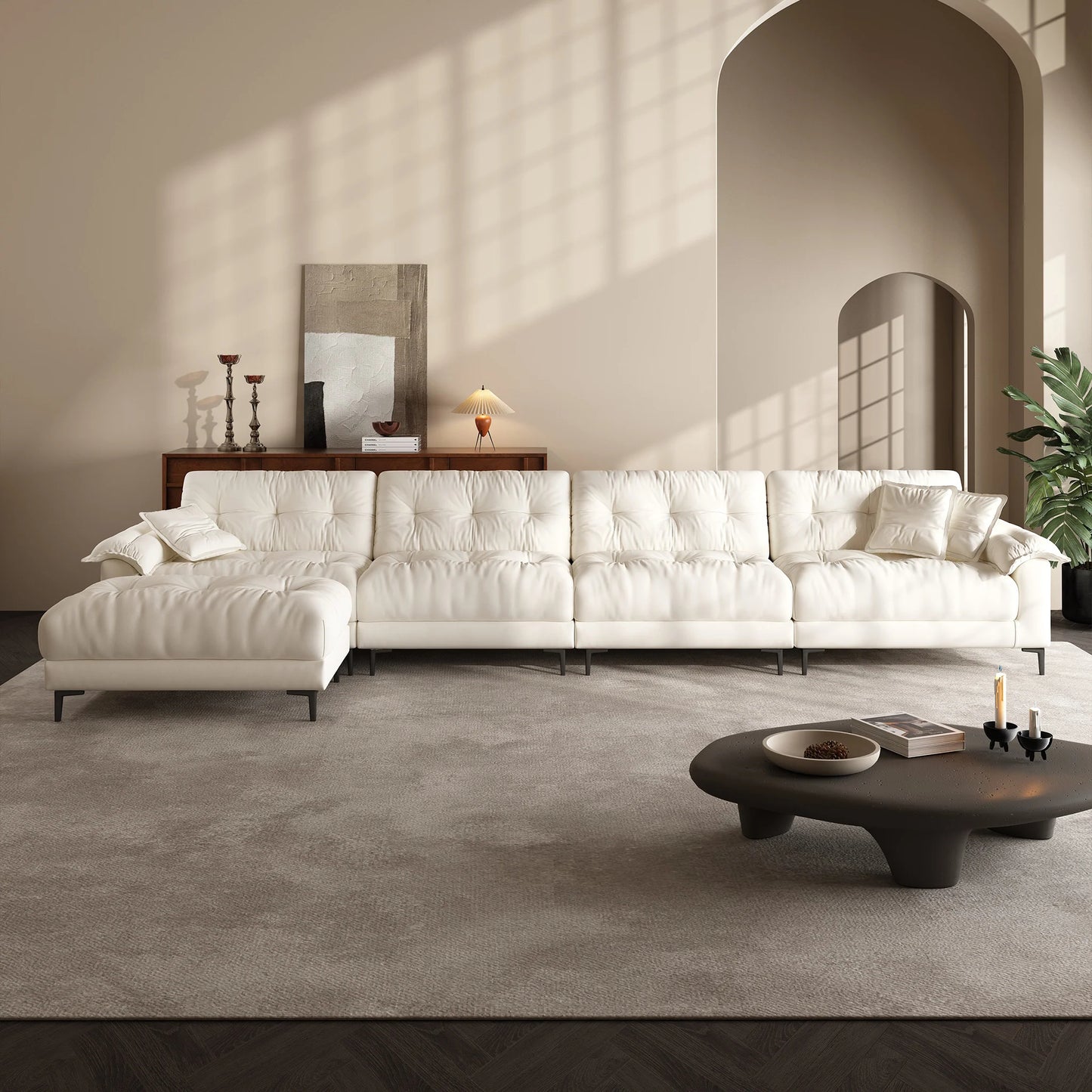Sponge filled apartment living room modular 6 seater sofa and ottoman