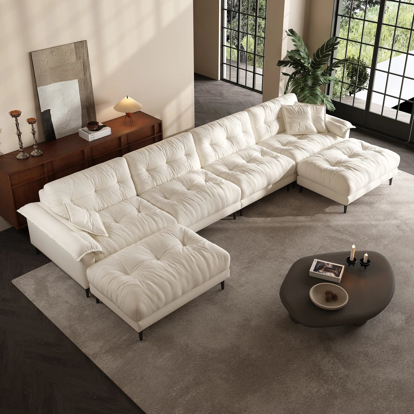 Sponge filled apartment living room modular 6 seater sofa and ottoman