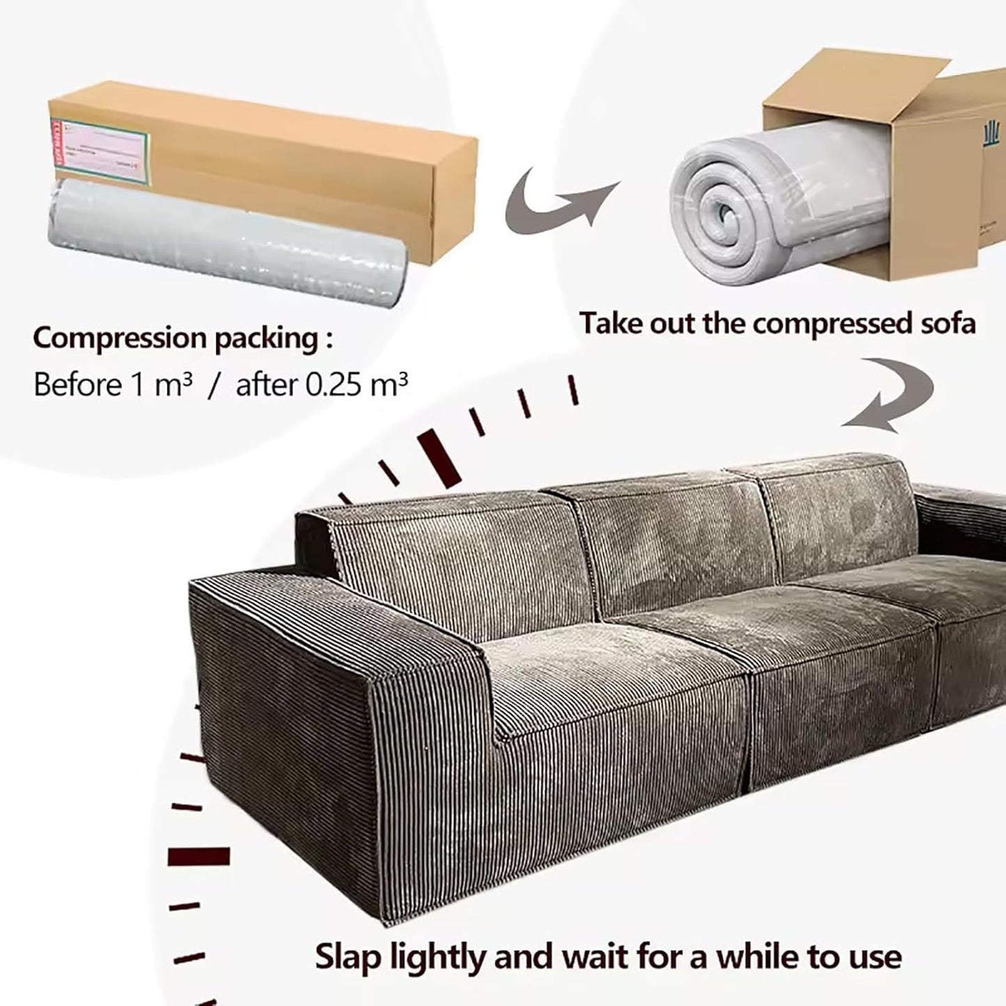 Corduroy Fabric Modular 3 Seater Vacuum Pack Compressed Sofa