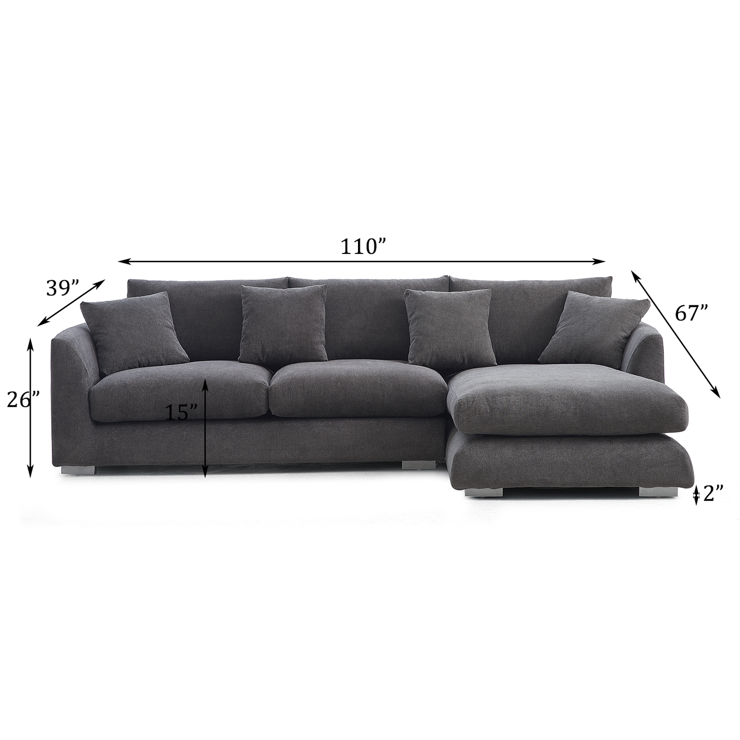 Aalto Fresh Grey Upholstered Fabric Sectional with Chaise Lounge