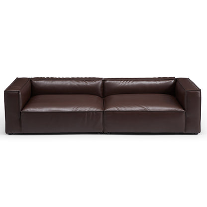 Wooden frame upholstery brown genuine leather double chaise sofa bed