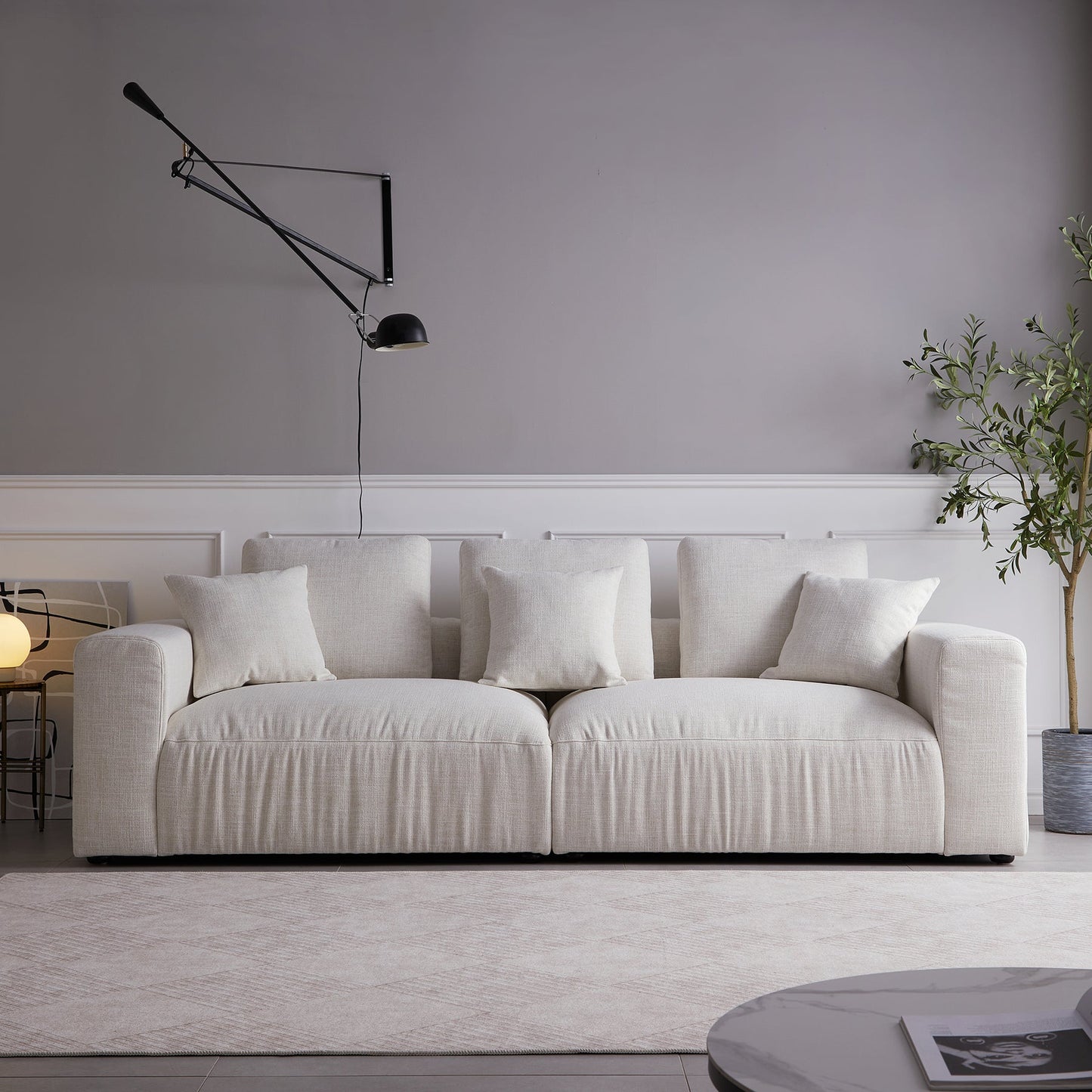 4-Seater White Linen Upholstery Modular Sofa