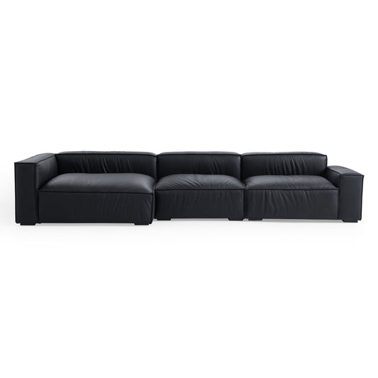 Black genuine leather deep seat living room chaise lounge sofa