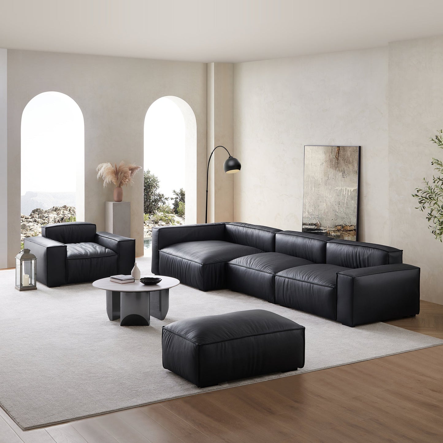 Living Room Black Genuine Leather Sectional Sofa Set