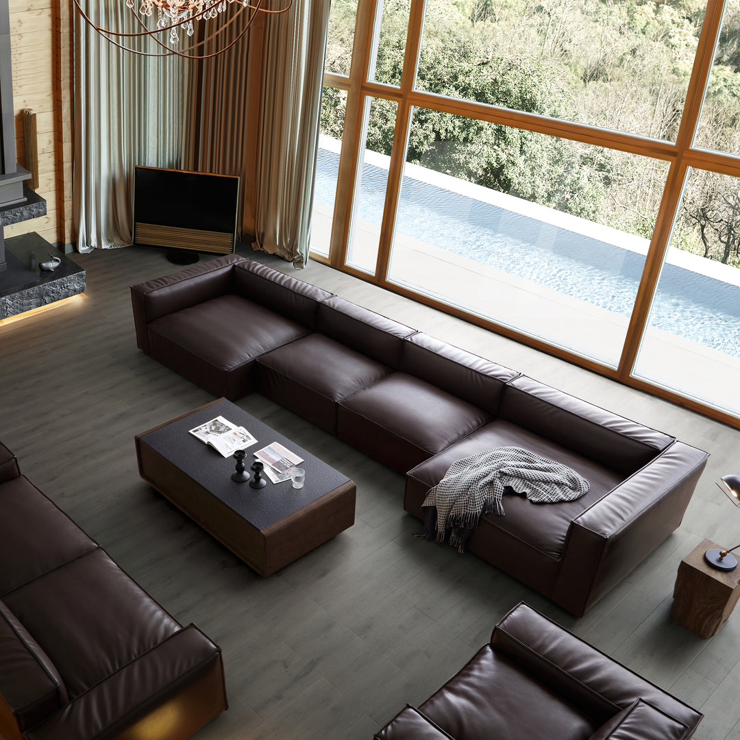Dark brown real genuine leather sectional u shape sofa