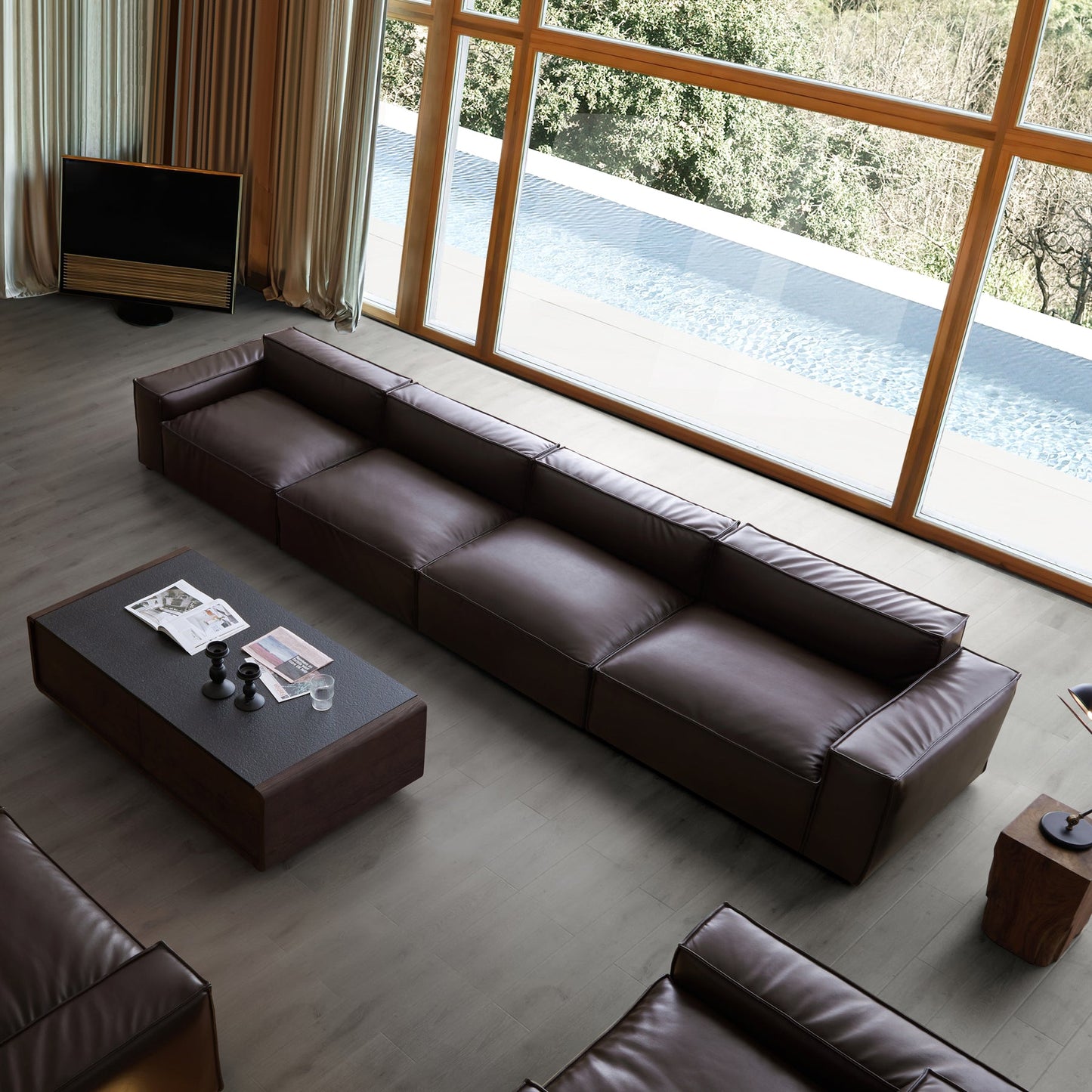 I-Shaped 4-Seater Genuine Leather Modular Sofa with Wide Sofa Cushion