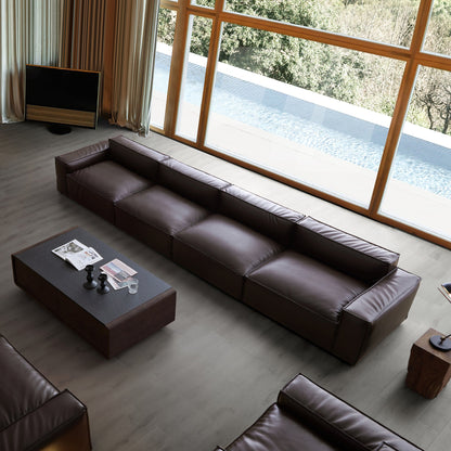 I-Shaped 4-Seater Genuine Leather Modular Sofa with Wide Sofa Cushion