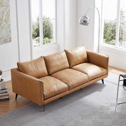 3 seater i shape brown top grain genuine leather feather couch