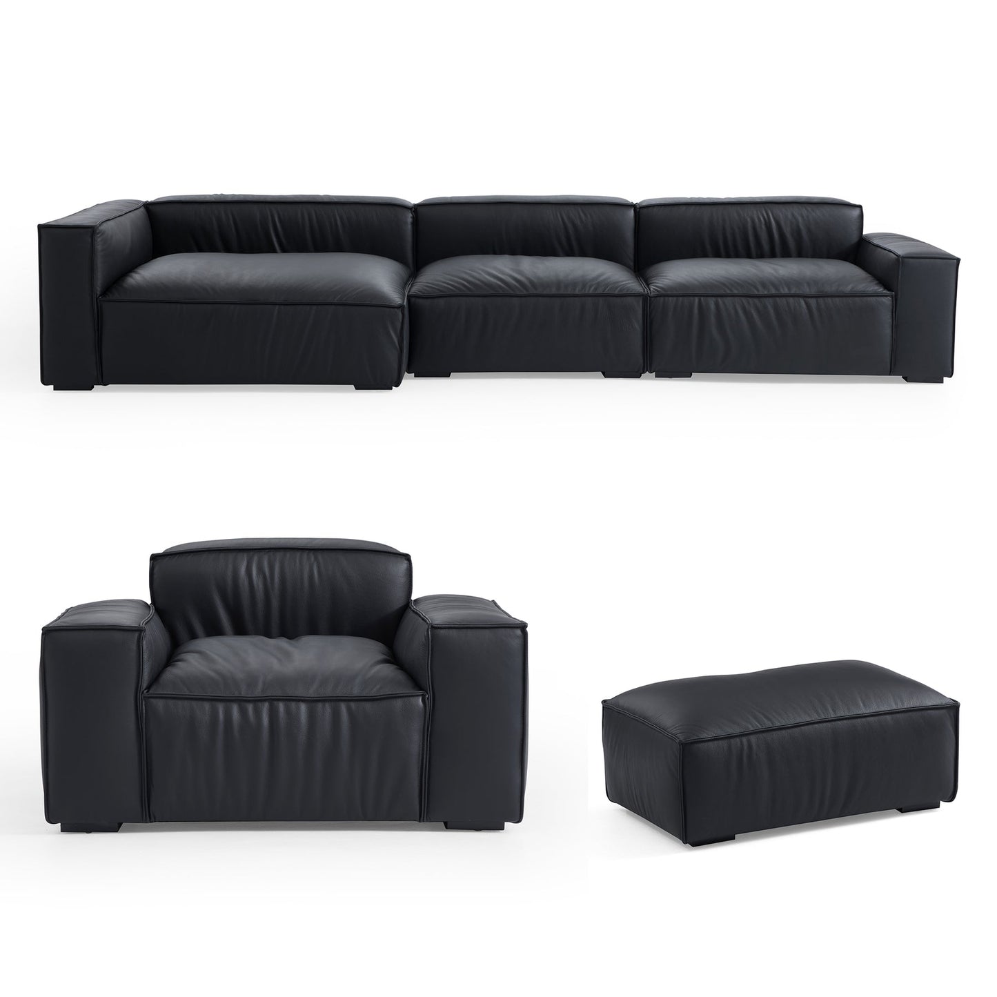 Living Room Black Genuine Leather Sectional Sofa Set