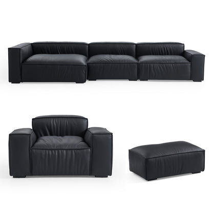 Living Room Black Genuine Leather Sectional Sofa Set