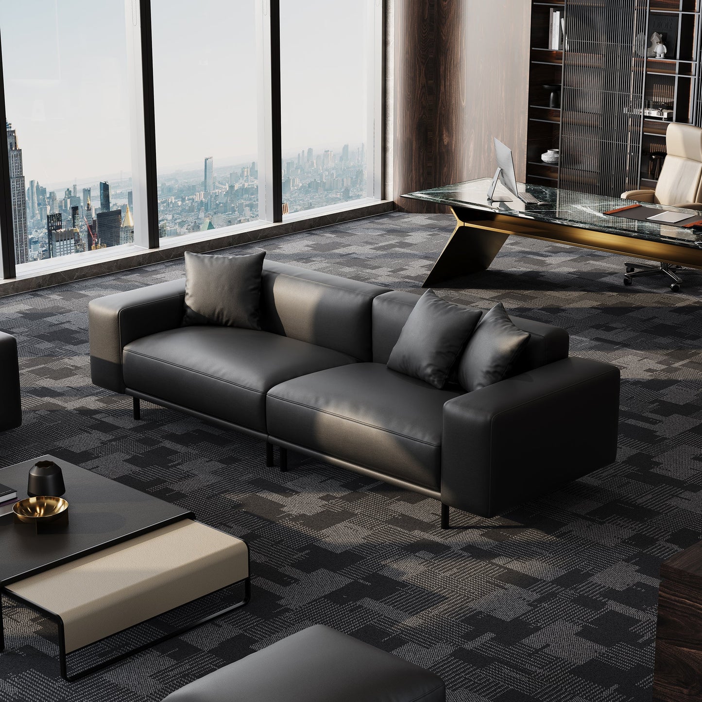 Modern Design Genuine Leather Modular Sofa with Ottoman