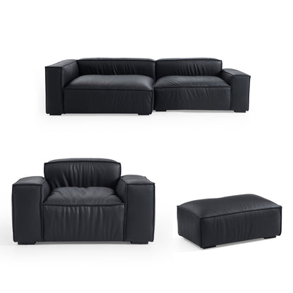 Living Room Black Genuine Leather Sectional Sofa Set