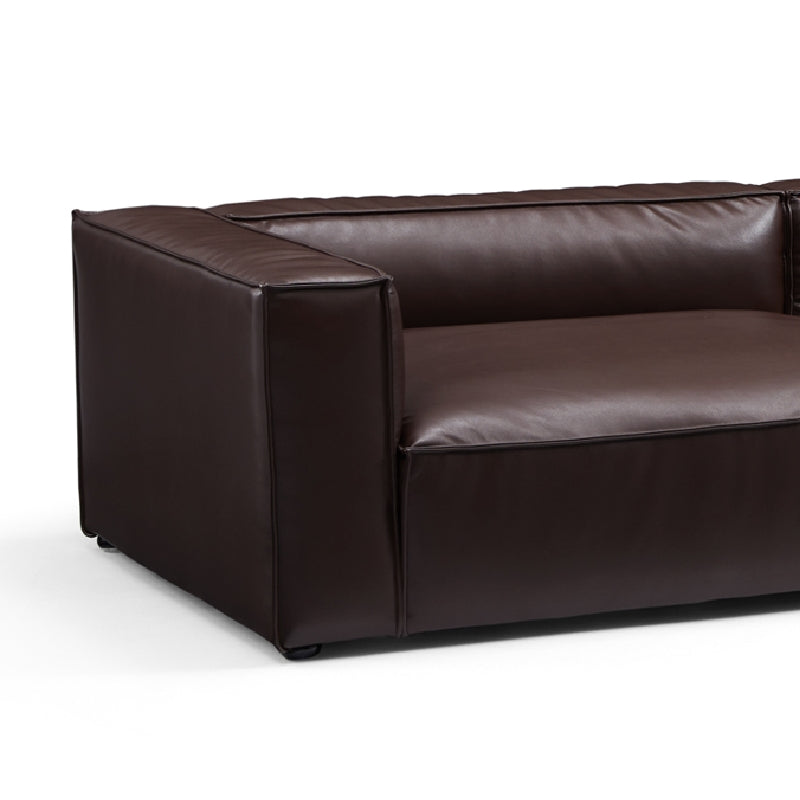 Wooden frame upholstery brown genuine leather double chaise sofa bed