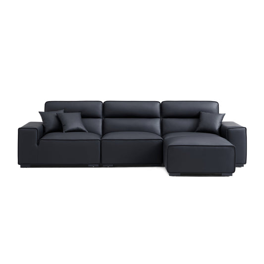 Modern living room high quality upholstered high back genuine leather sofa with ottoman