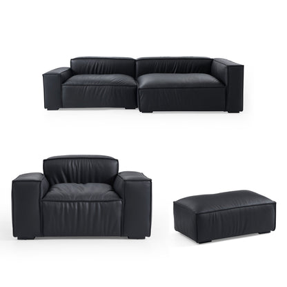 Living Room Black Genuine Leather Sectional Sofa Set
