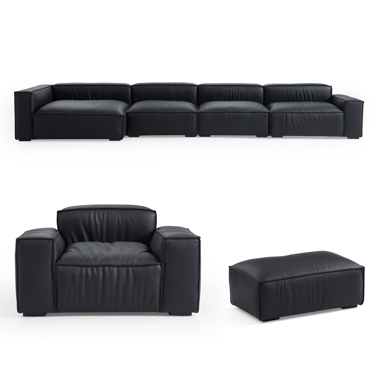 Living Room Black Genuine Leather Sectional Sofa Set
