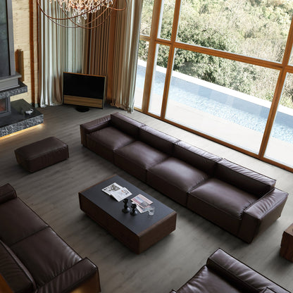 I-Shaped Soft Feather with Genuine Leather Blown Leather Sofa with Ottoman