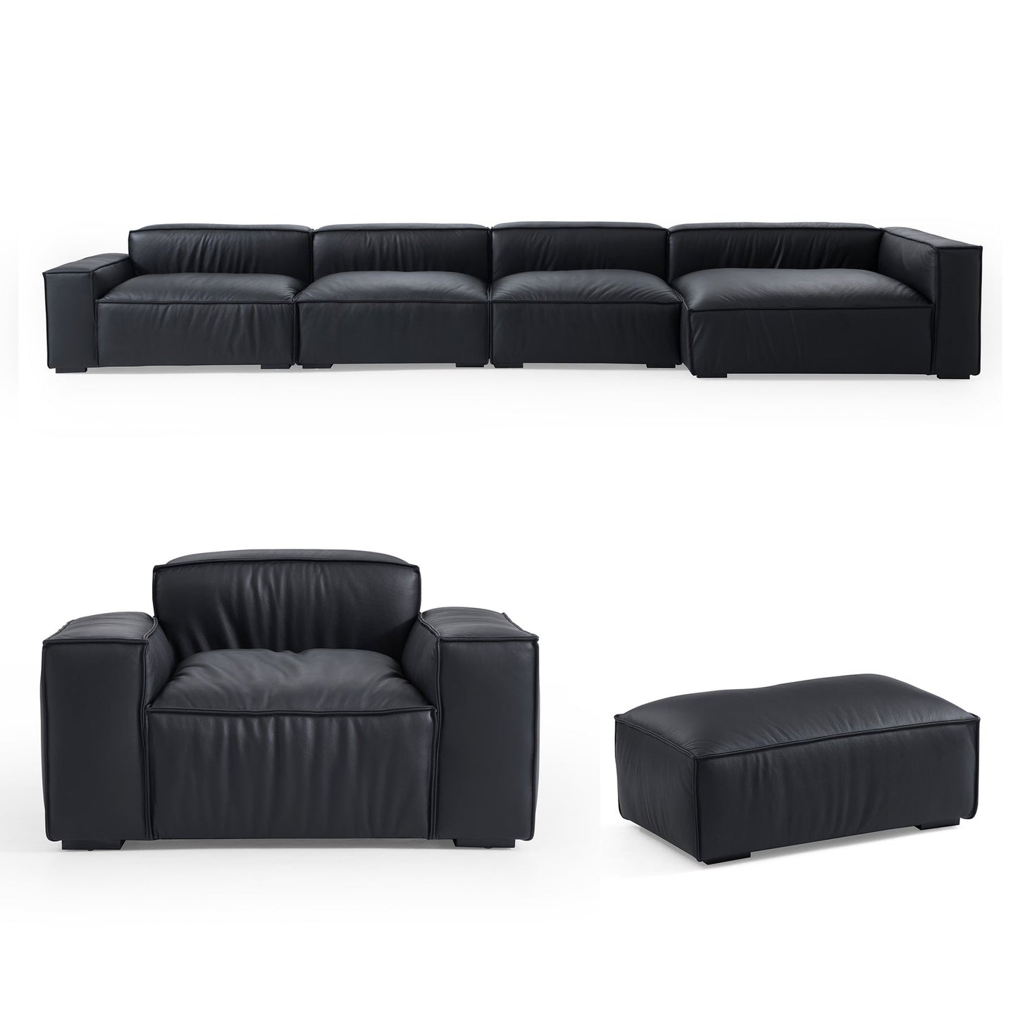 Living Room Black Genuine Leather Sectional Sofa Set