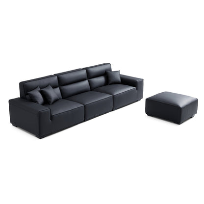 Modern living room high quality upholstered high back genuine leather sofa with ottoman