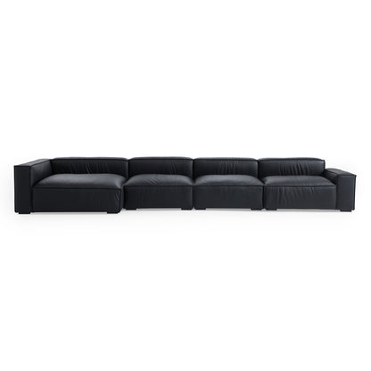 Black genuine leather deep seat living room chaise lounge sofa