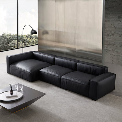 Black genuine leather deep seat living room chaise lounge sofa