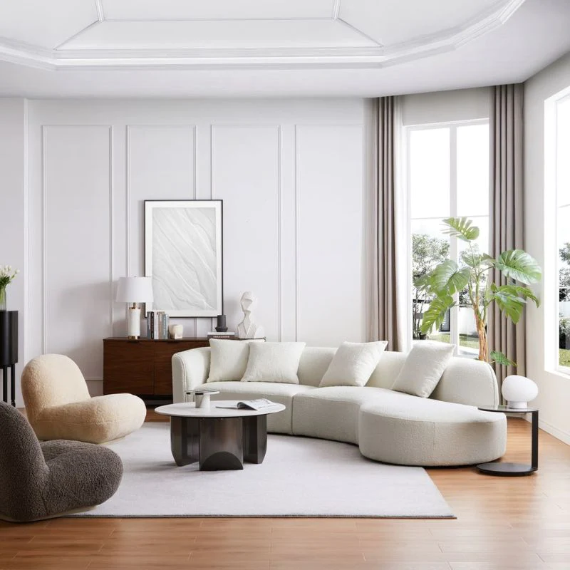 Living Room Curved Boucle Fabric Moon Sofa