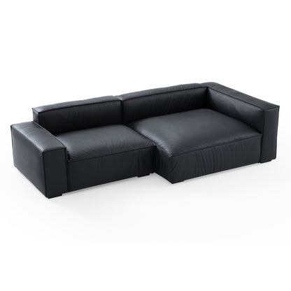 Black genuine leather deep seat living room chaise lounge sofa