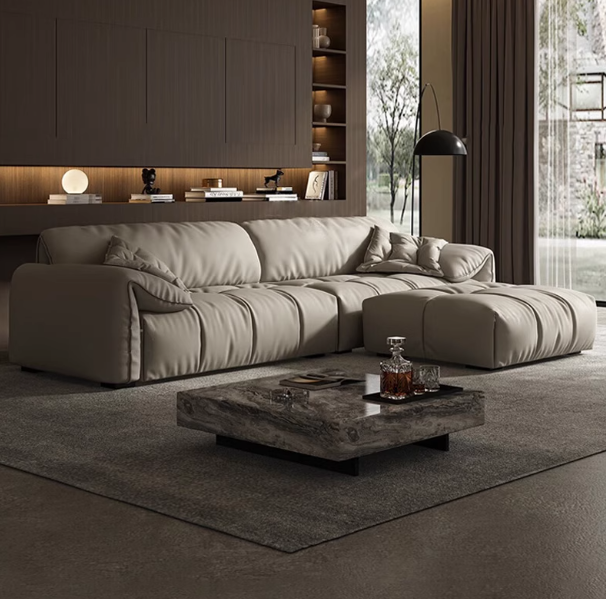 Minimalist Genuine Leather Elephant Ear Armrests Sofa Beige