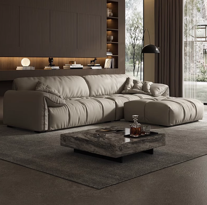 Minimalist Genuine Leather Elephant Ear Armrests Sofa Beige