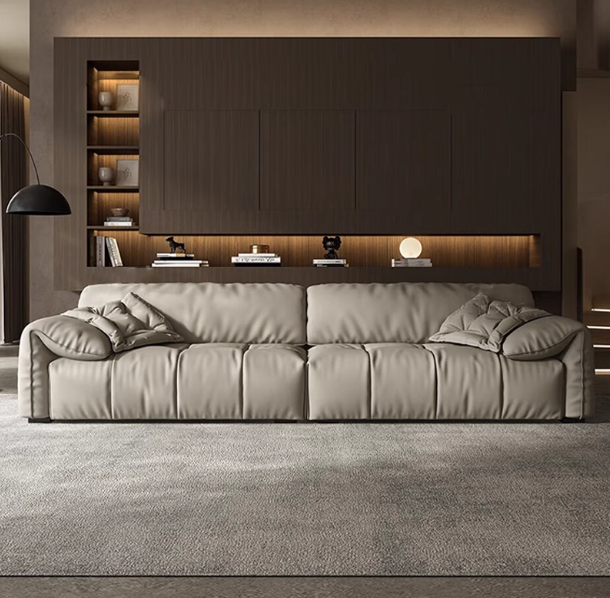 Minimalist Genuine Leather Elephant Ear Armrests Sofa Beige