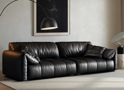 4 Seater Genuine Leather Elephant Ear Armrests Sofa Black