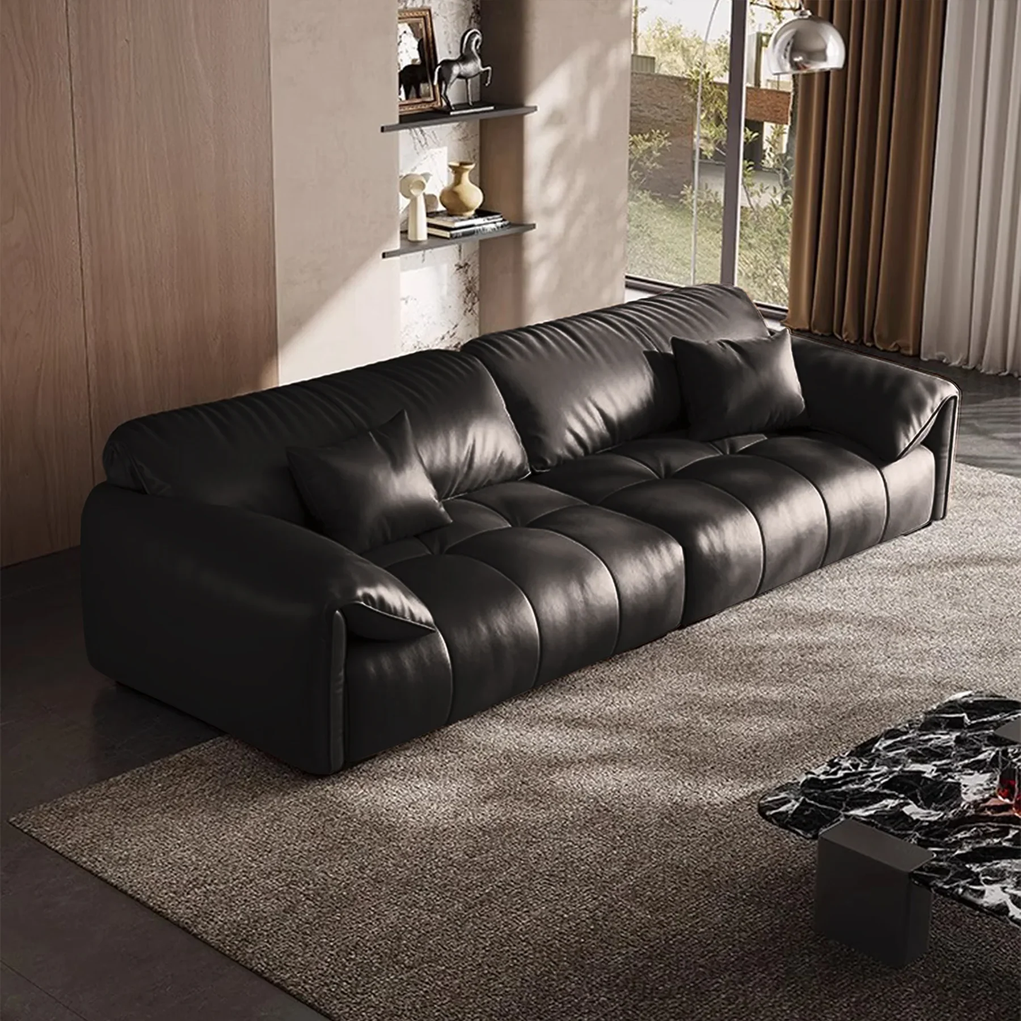 4 Seater Genuine Leather Elephant Ear Armrests Sofa Black
