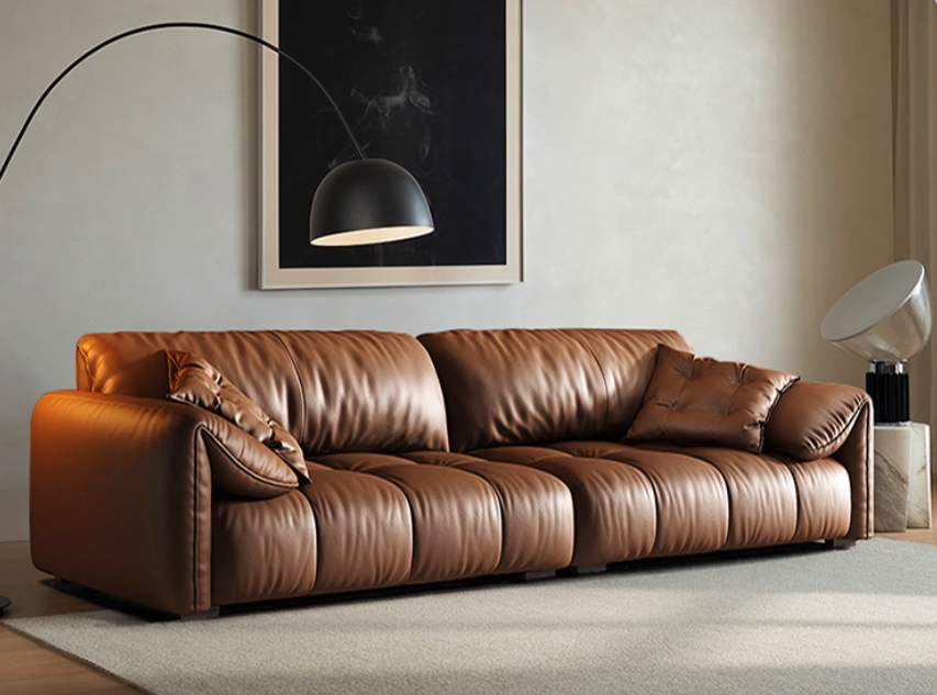 Contemporary Premium Leather 4 Seater Elephant Ear Sofa Brown