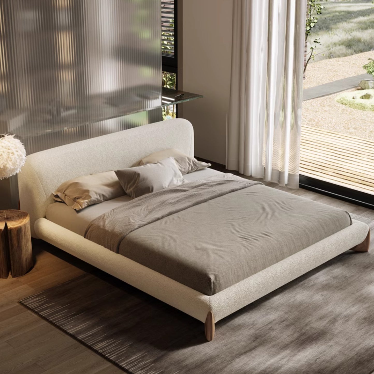 Simple modern design platform headboard queen king full size boucle bed