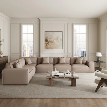 Modern L shape modular khaki genuine leather corner sofa