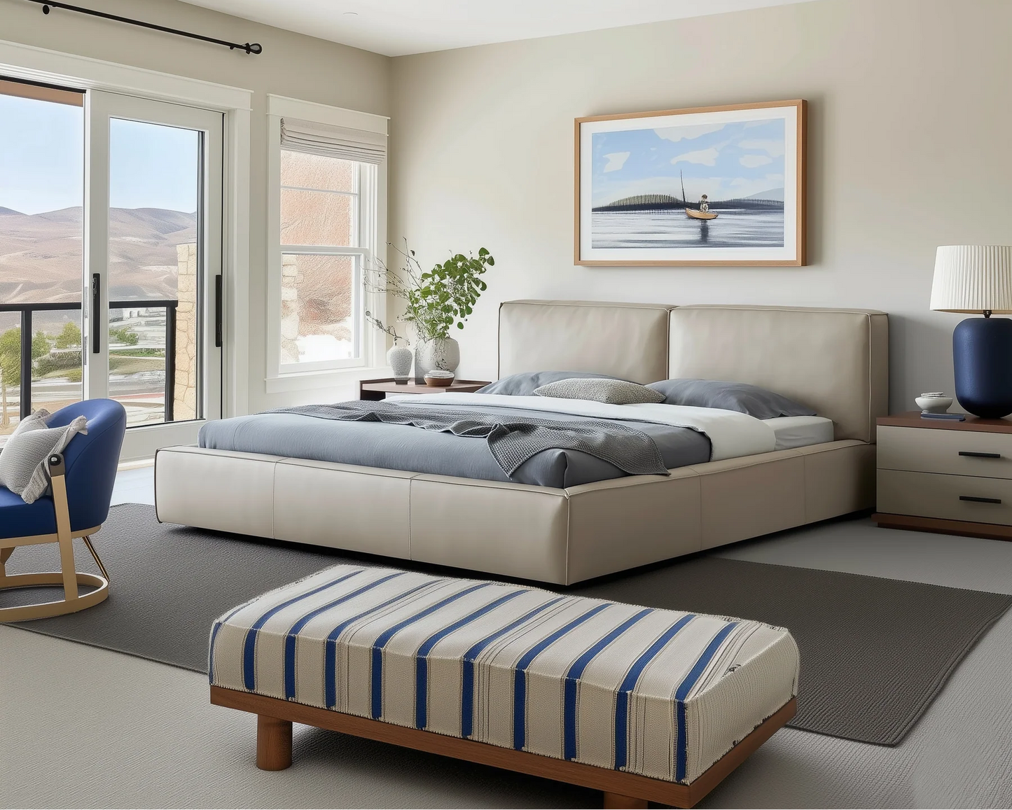 Soft upholstered genuine leather platform headboard twin single king queen modern bed frame