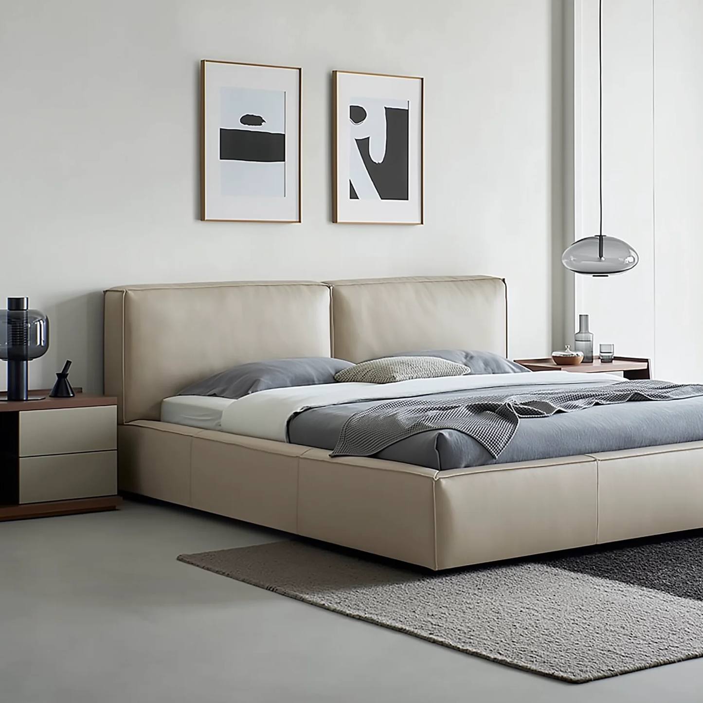 Soft upholstered genuine leather platform headboard twin single king queen modern bed frame