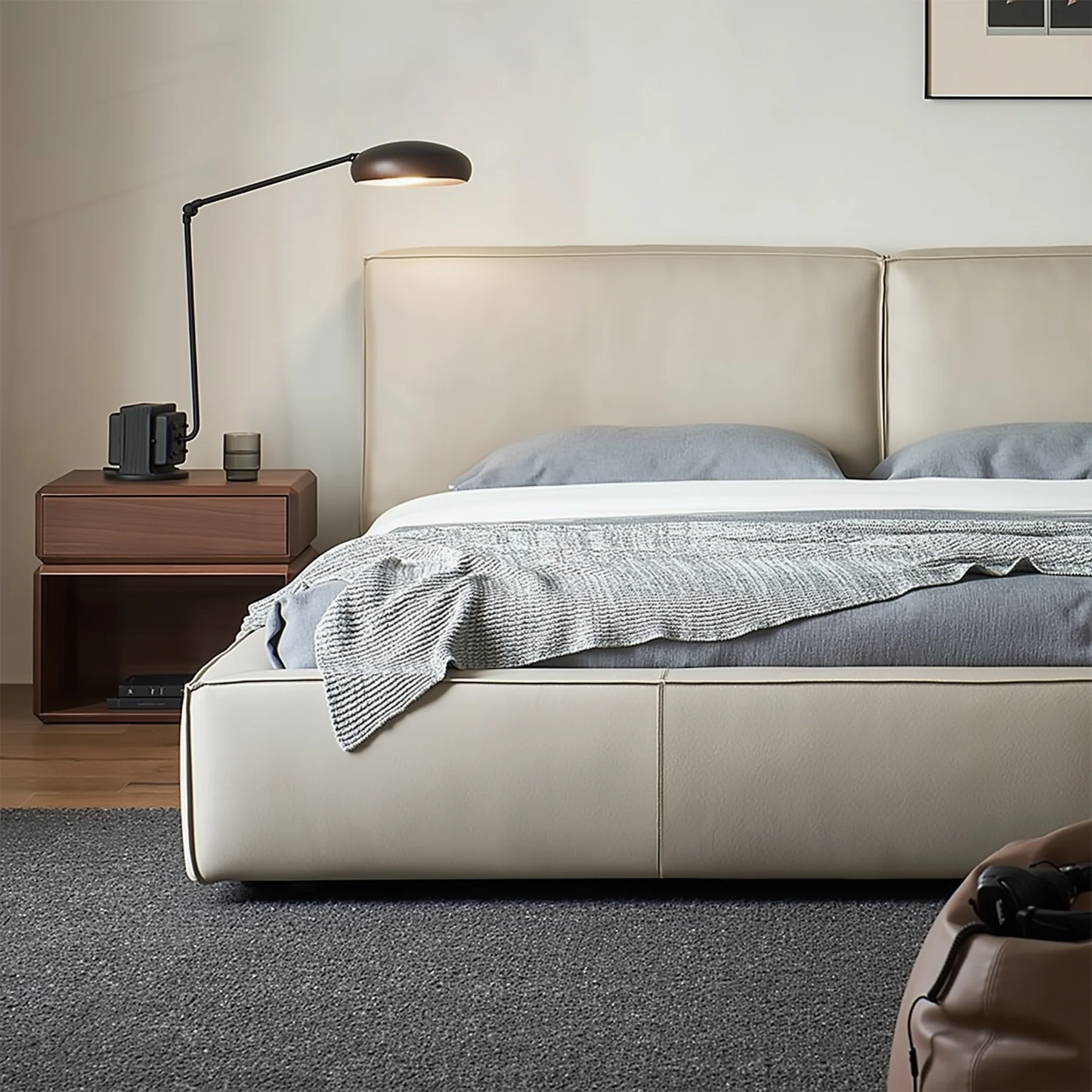 Soft upholstered genuine leather platform headboard twin single king queen modern bed frame
