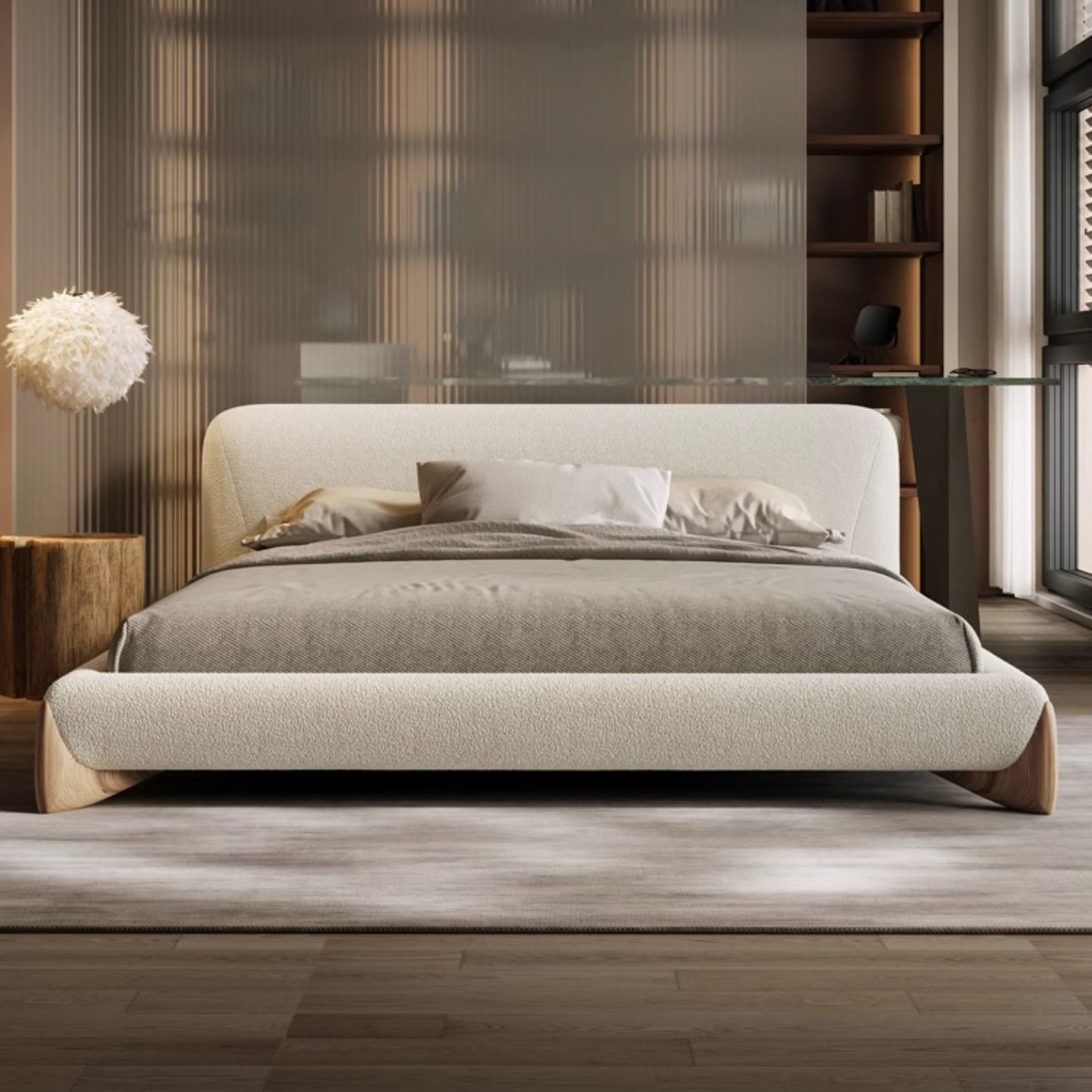 Simple modern design platform headboard queen king full size boucle bed
