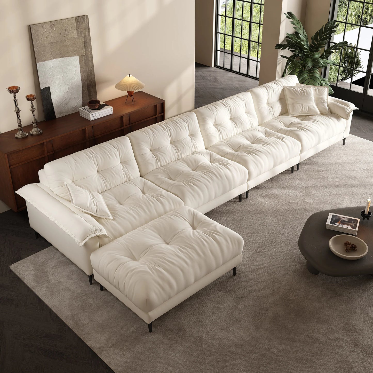 Sponge filled apartment living room modular 6 seater sofa and ottoman
